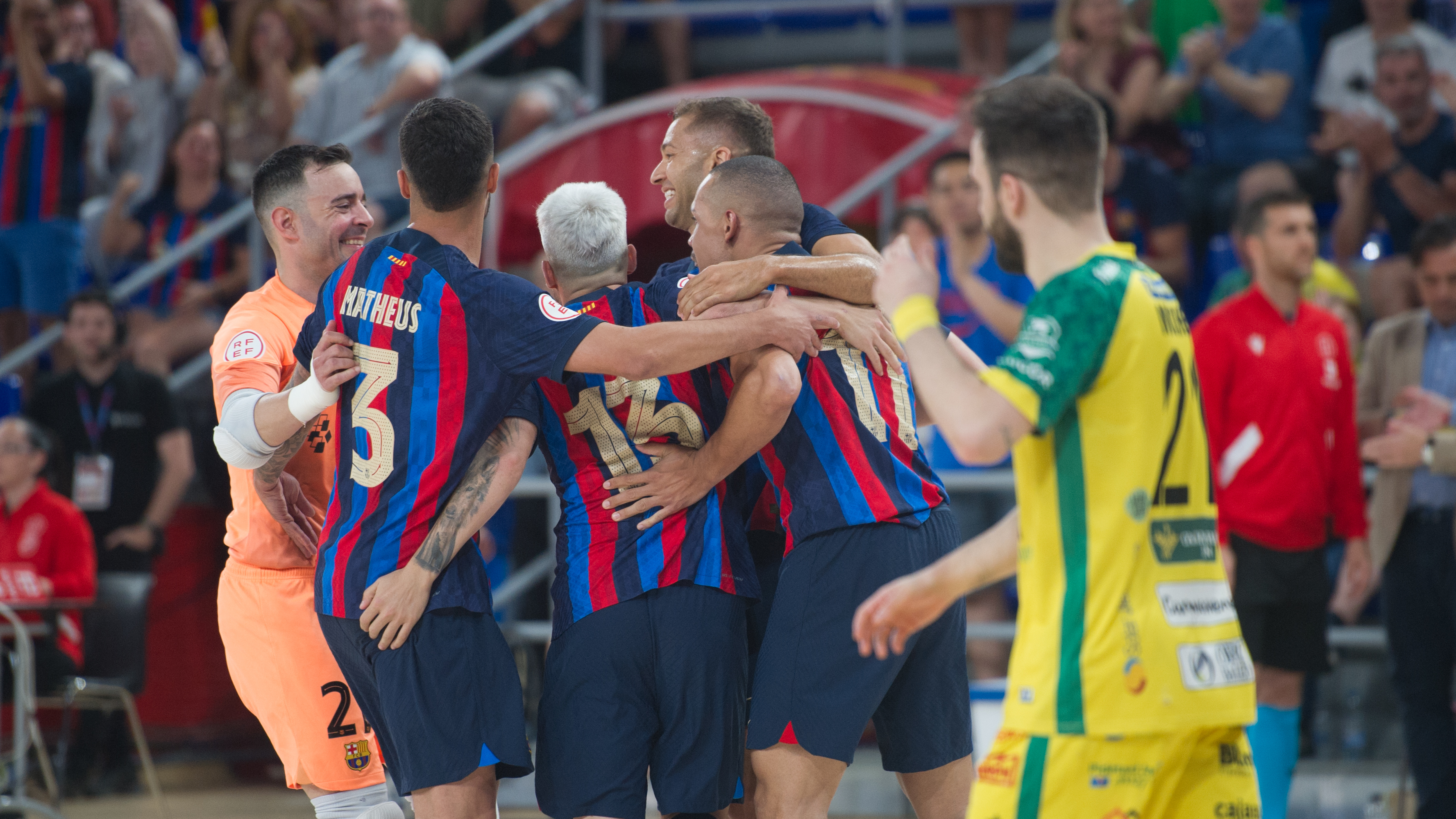 El Barça, celebrando un gol en la final contra el Jaén FS